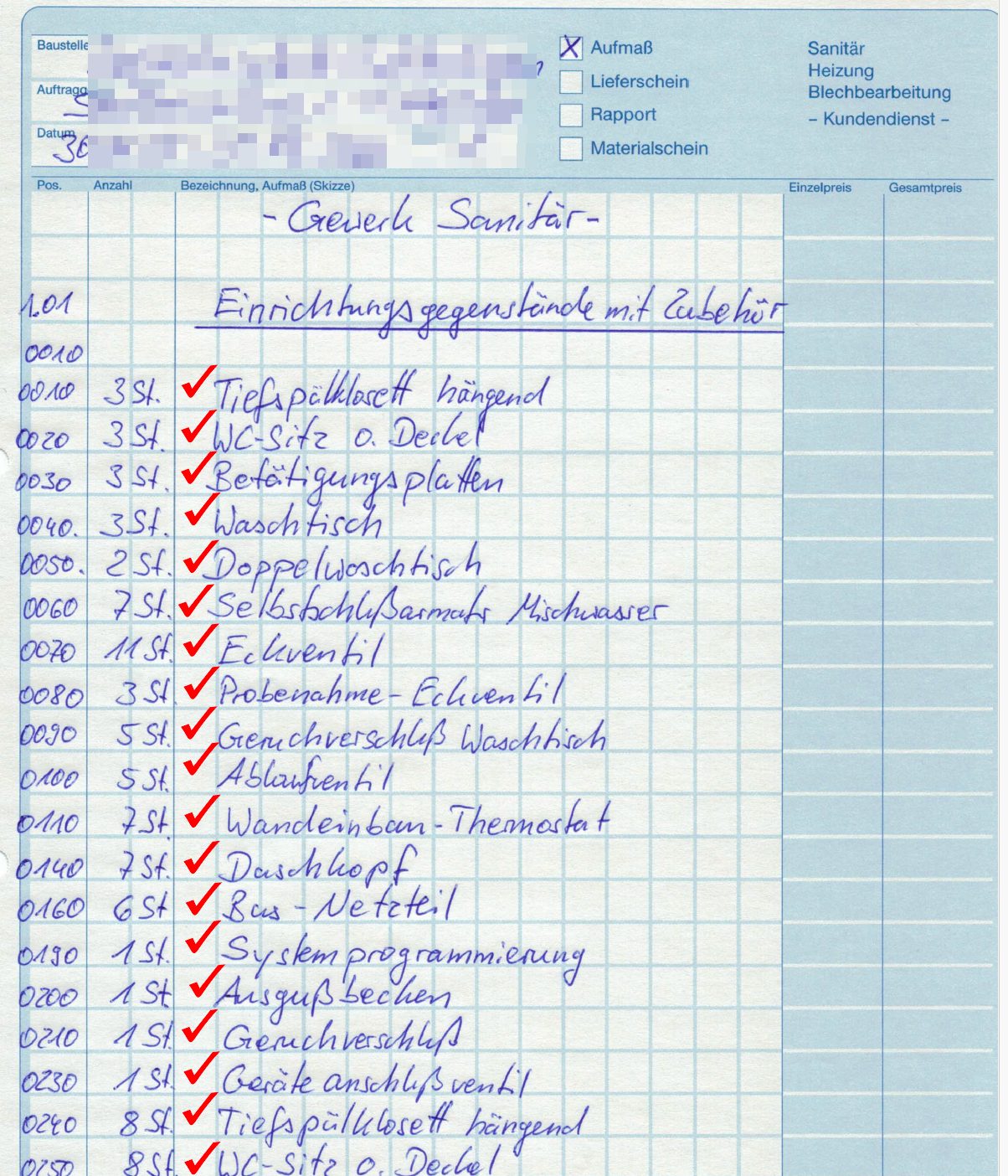 Handschriftliches Aufmaß auf Papier, Gewerk Sanitär, mit Positionen und Mengen