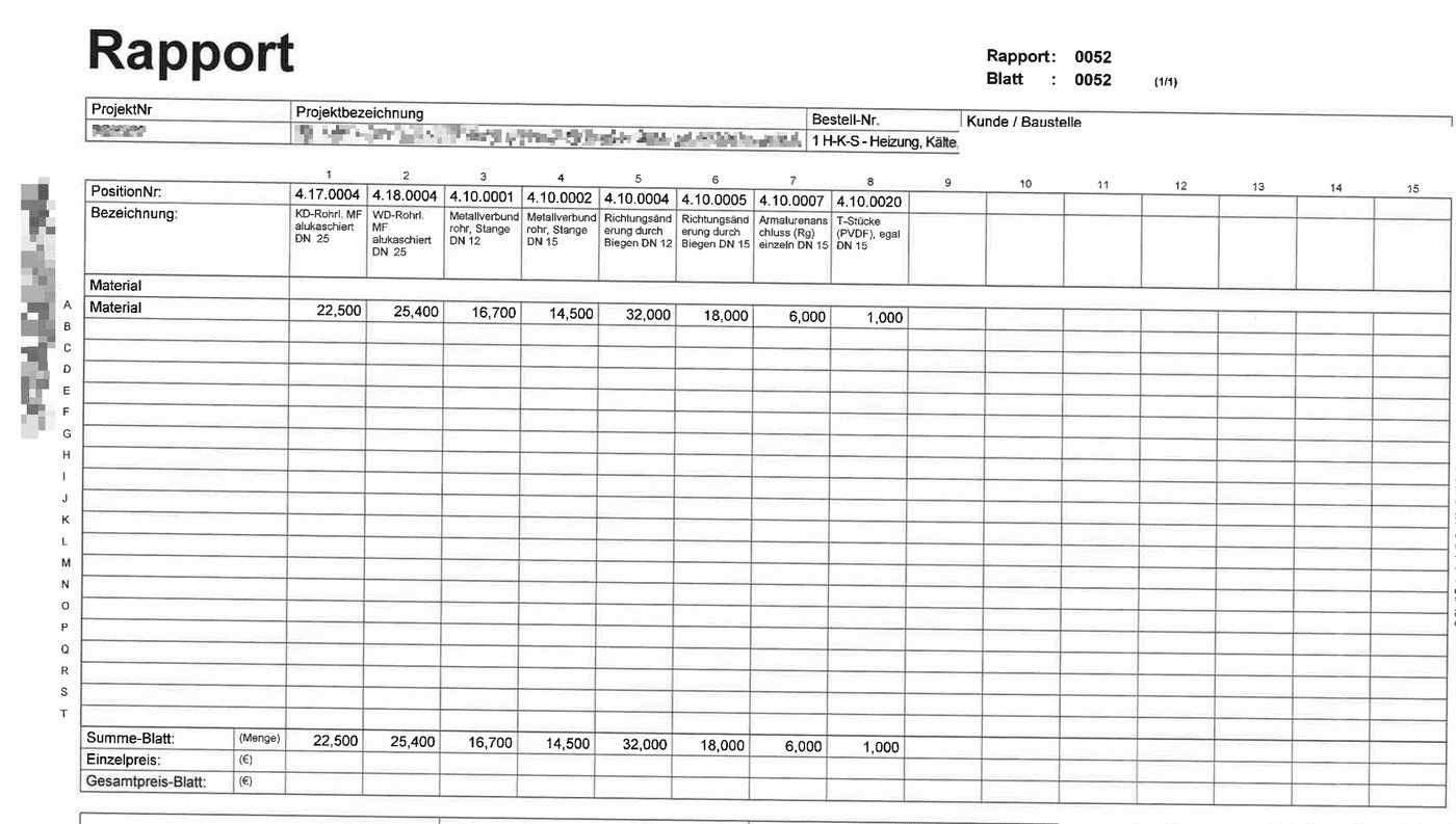 Rapport-PDF mit Positionsnummern, Bezeichnungen und Materialmengen