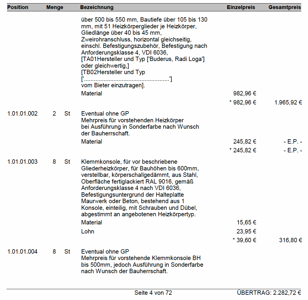 PDF-Leistungsverzeichnis eines Subunternehmer-Angebots mit OZ-Nummern, Langtexten, Mengen und Preisen