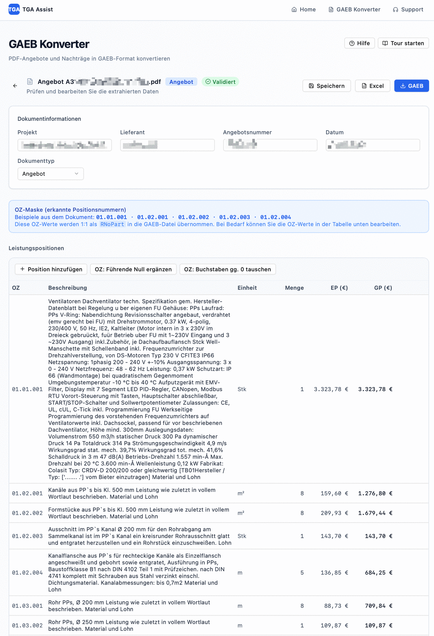 GAEB Konverter zeigt die extrahierten Positionen, die OZ-Maske als RNoPart und den Status Validiert