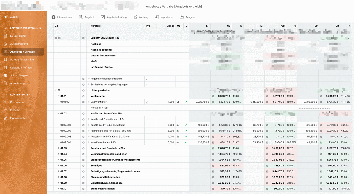 Die erzeugte GAEB-Datei sauber eingelesen im Angebotsvergleich einer AVA-Software