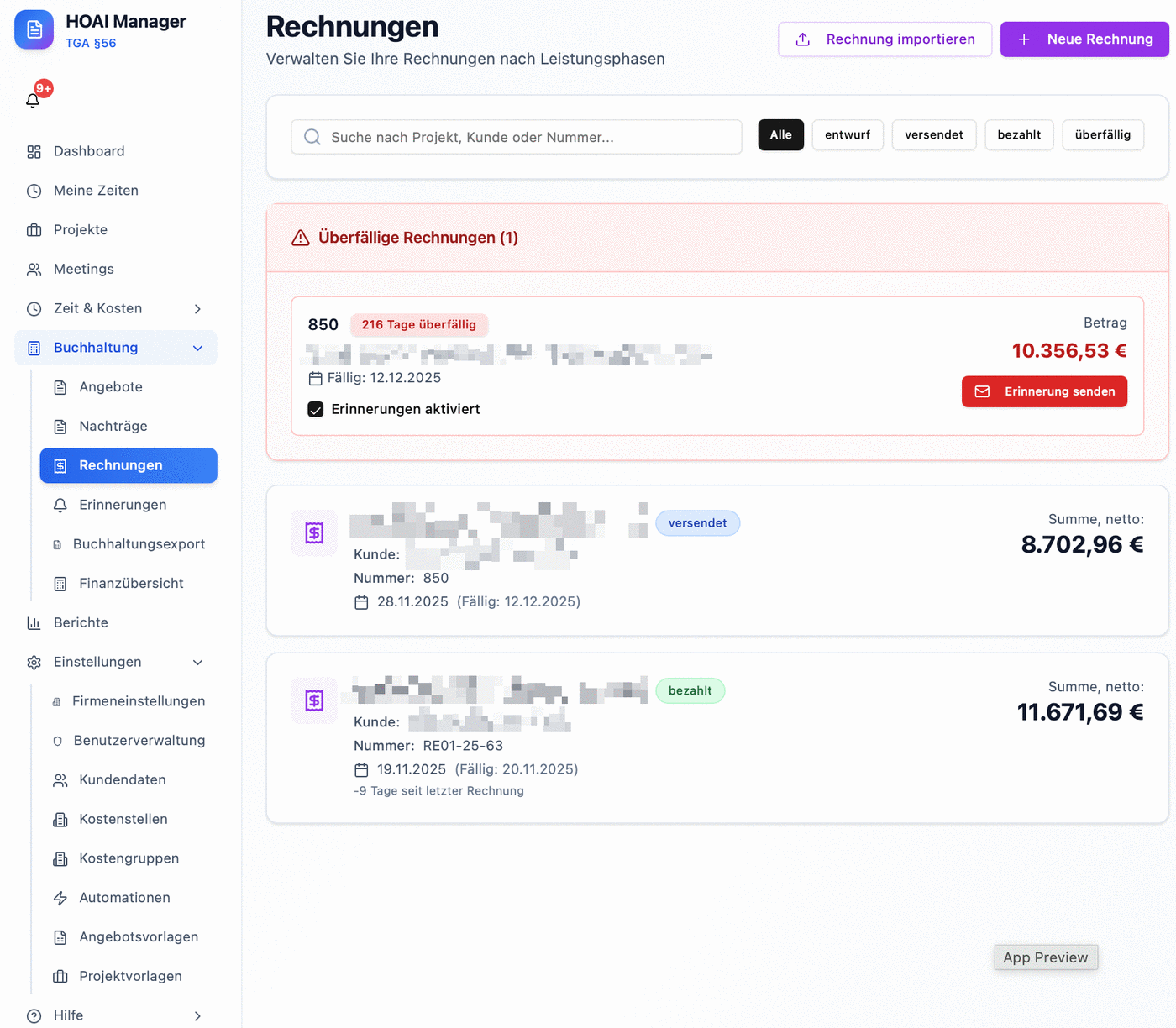 Rechnungsübersicht nach Leistungsphasen mit hervorgehobener überfälliger Rechnung und Erinnerungsfunktion