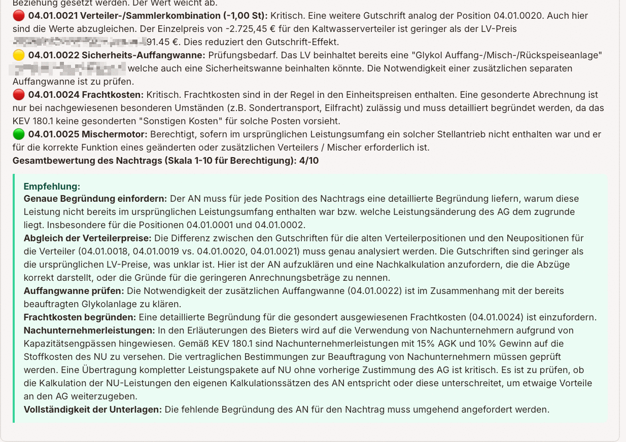 Nachtragsprüfung mit Ampel-Bewertung je Position, Gesamtbewertung der Berechtigung und Empfehlungsbox