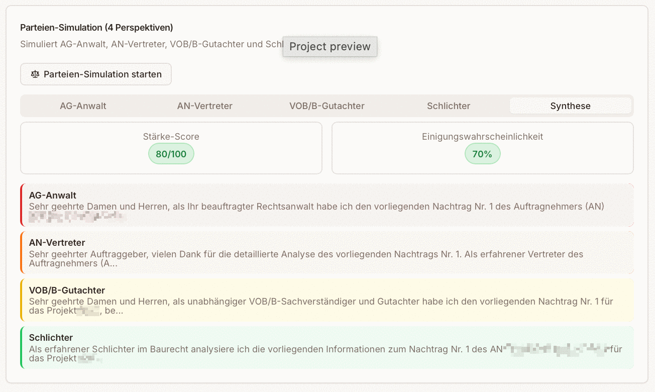 Synthese der Parteien-Simulation mit Stärke-Score 80/100 und Einigungswahrscheinlichkeit 70 Prozent