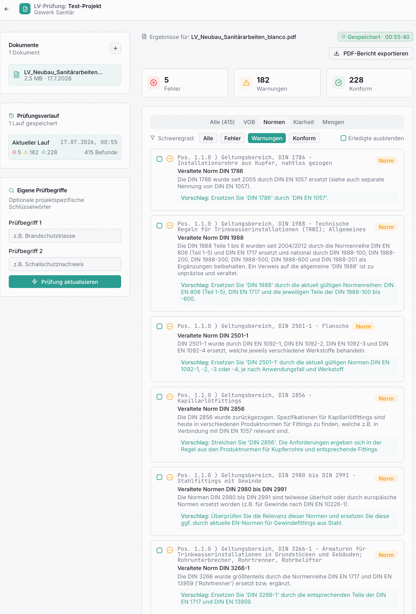 Plan Clarity AI markiert veraltete DIN-Normen und schlägt die aktuell gültige Ersatznorm vor