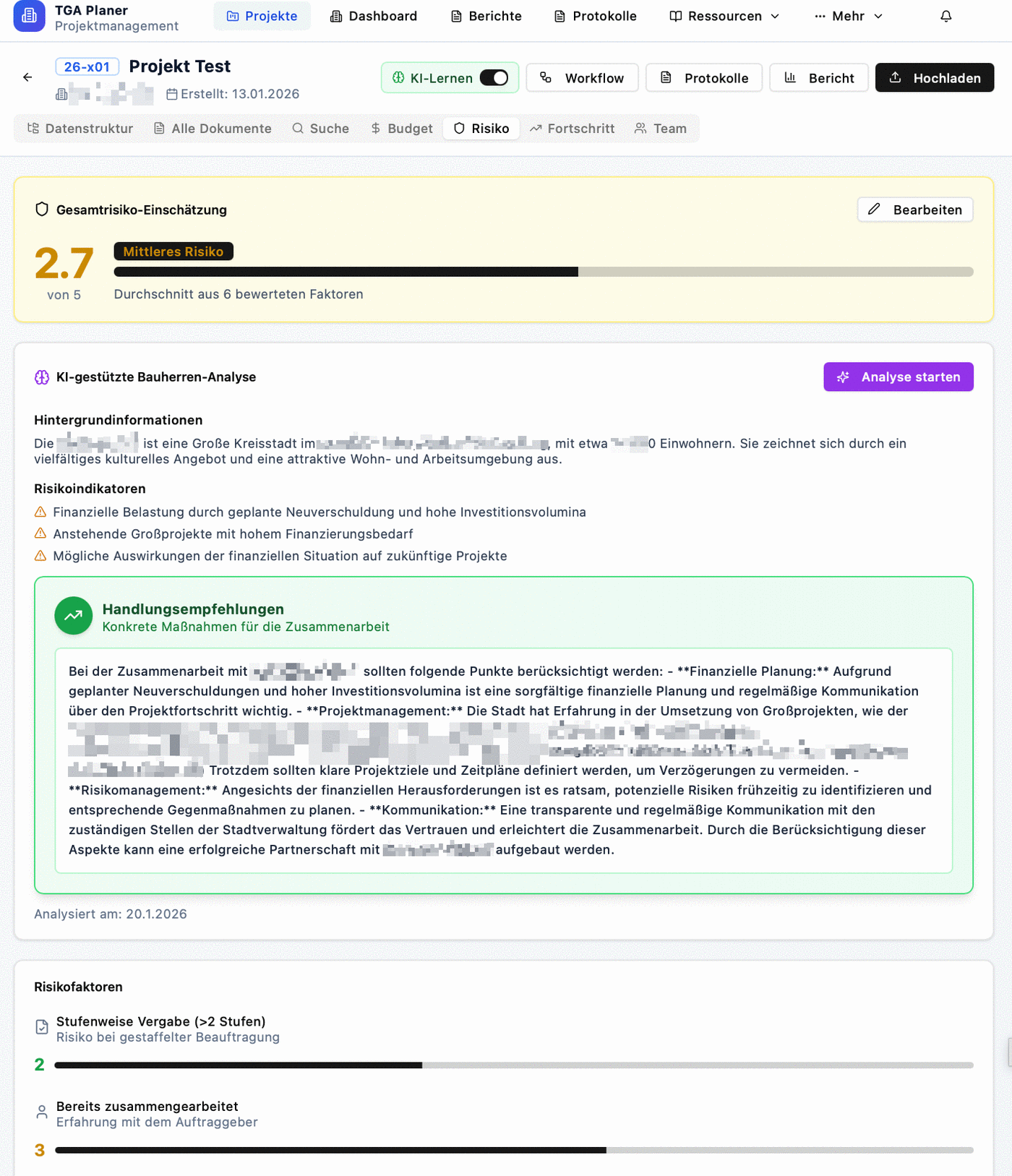 Gesamtrisiko-Einschätzung mit Score und KI-gestützter Bauherren-Analyse