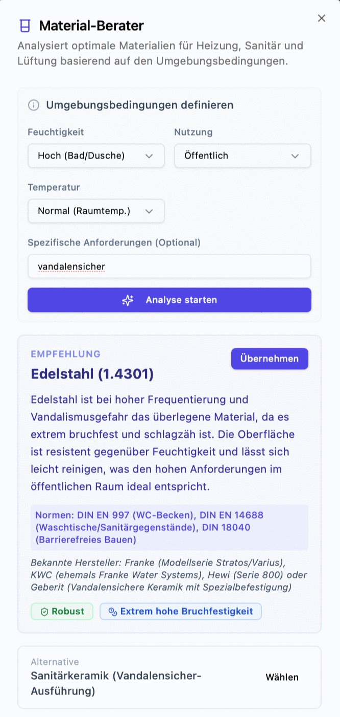 KI-Material-Berater empfiehlt Edelstahl mit Begründung und Normbezug