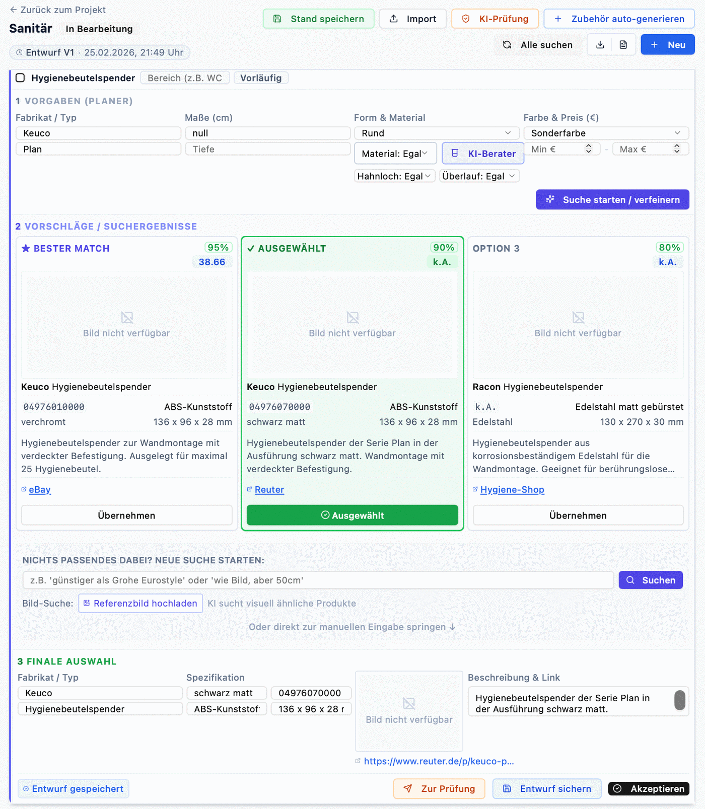 KI-Produktsuche mit Match-Score, Preisen, Bezugsquellen und ausgewähltem Produkt
