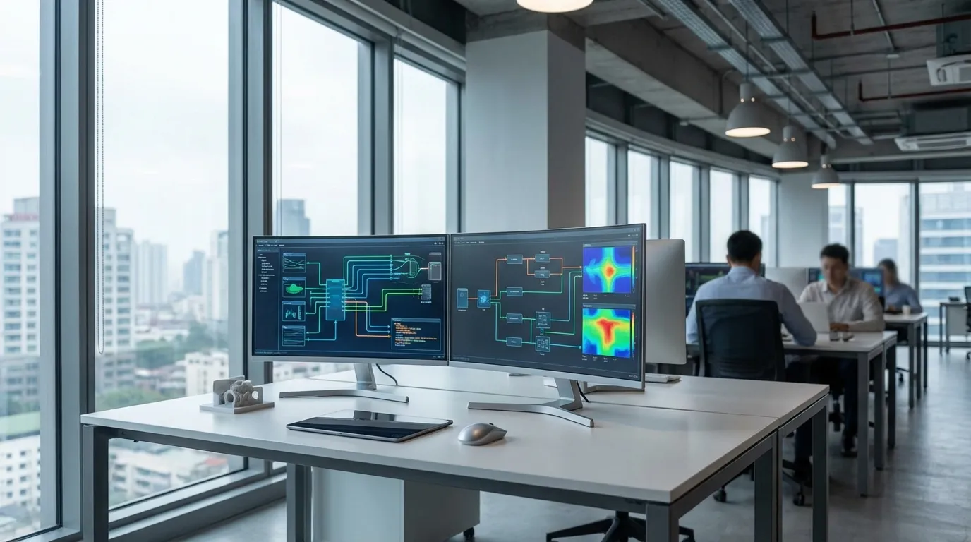 Modernes TGA-Planungsbüro mit KI-gestützten Analyse-Tools auf Dual-Monitor-Setup