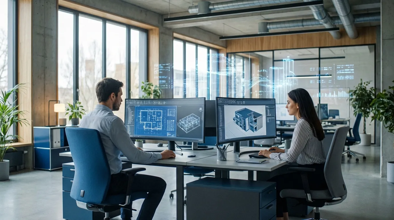 TGA-Planungsbüro mit KI-gestützter Nachtragsprüfung an modernen Workstations